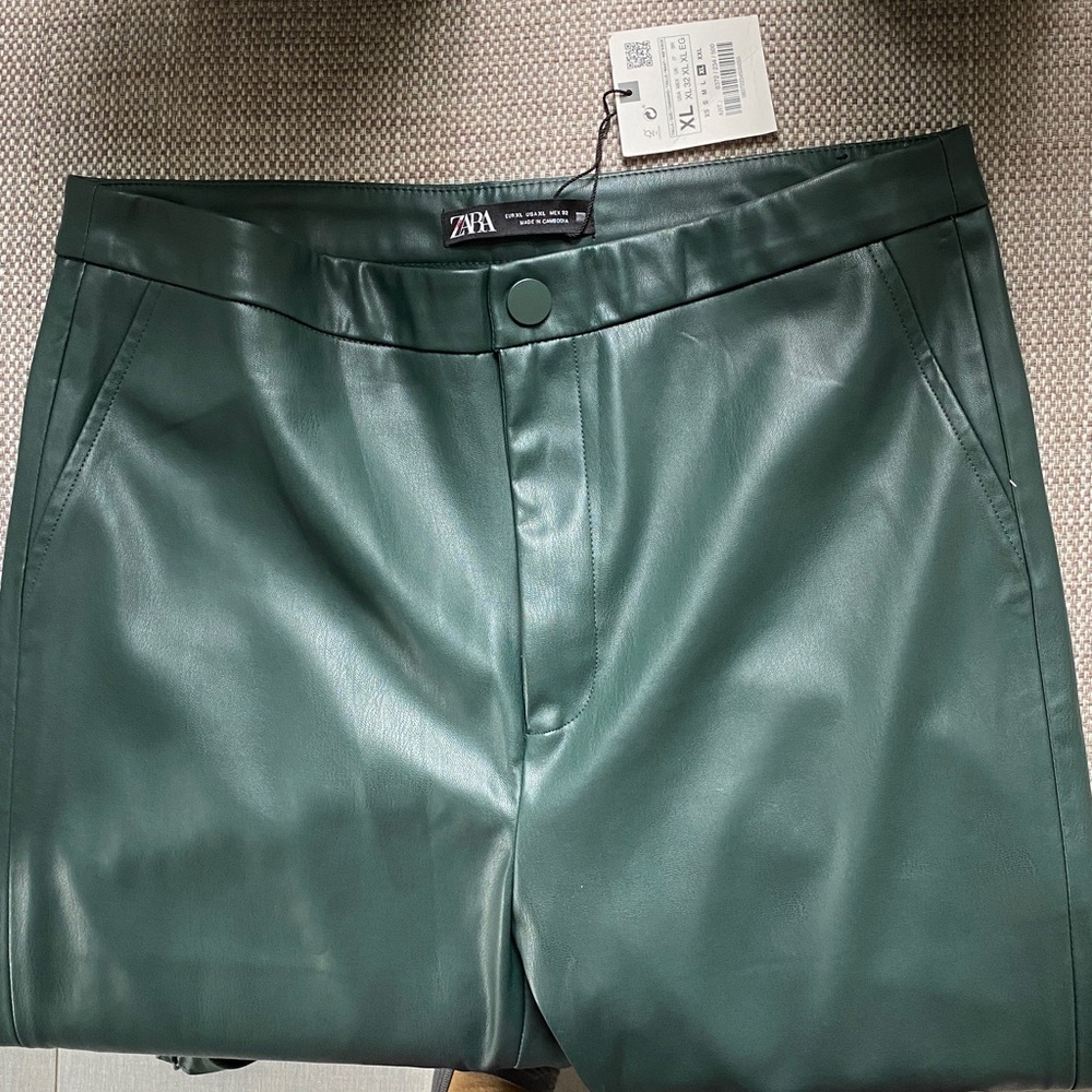 NEW Zara Faux Leather Dark Green Leggings XL